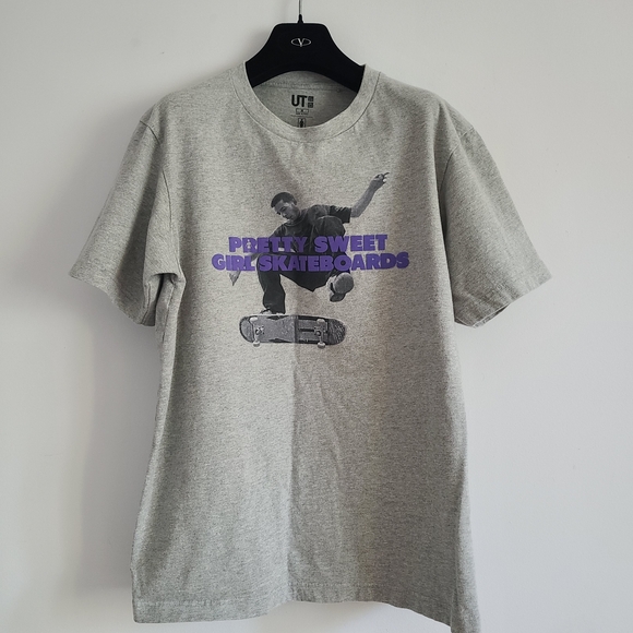 Uniqlo Tops - Uniqlo Gray Tee with Skateboard Graphic and Purple Text 100% Cotton Size M